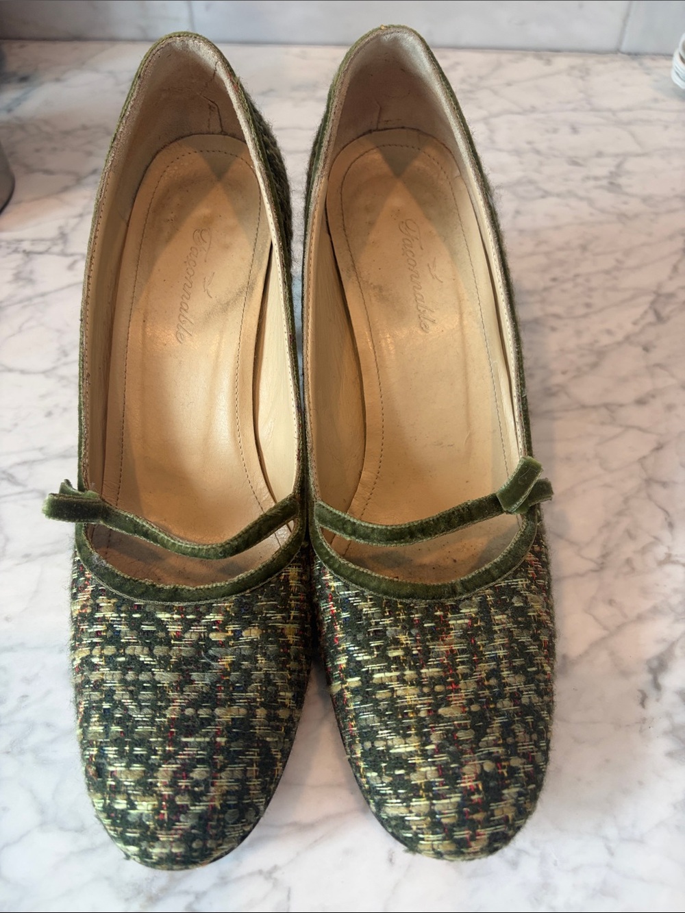 Faconnable Green Tweed Mary Jane Heels with Velvet Trim